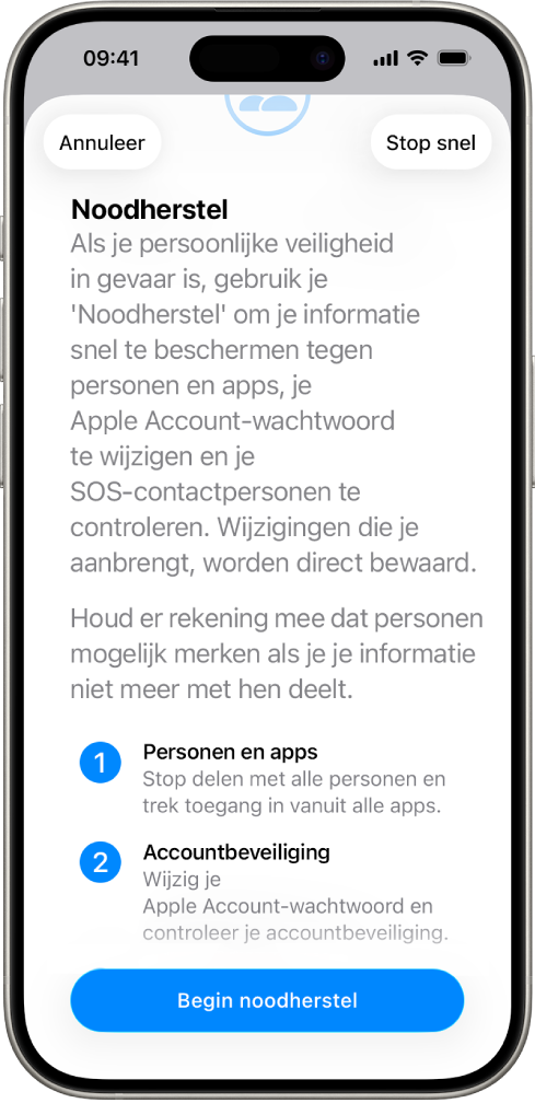 Een scherm met de knop waarmee je 'Noodherstel' start.