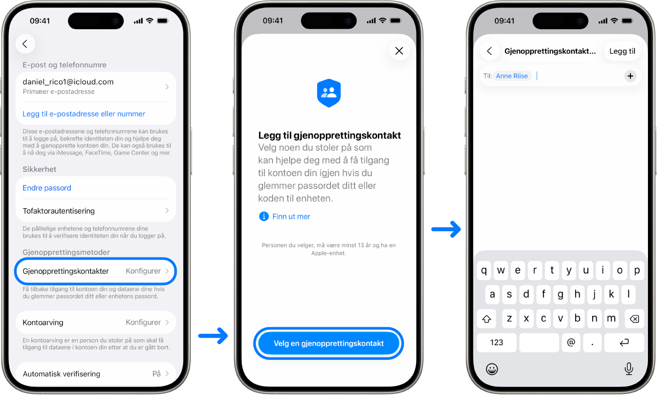 Tre iPhone-skjermer som viser hvordan man legger til kontakter for kontogjenoppretting.