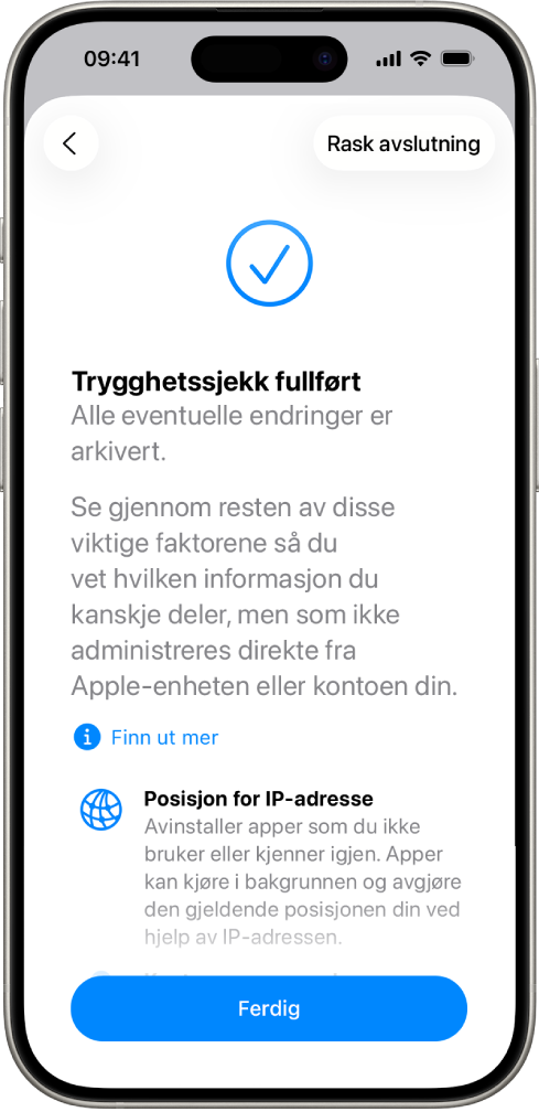 En Trygghetssjekk-skjerm som viser at Trygghetssjekk er fullført.