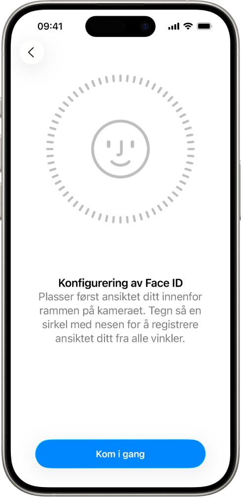 Konfigurasjonsskjermen for Face ID-gjenkjenning. Et ansikt vises på skjermen, omsluttet av en sirkel. Teksten under informerer brukeren om å bevege hodet sakte for å fullføre sirkelen.