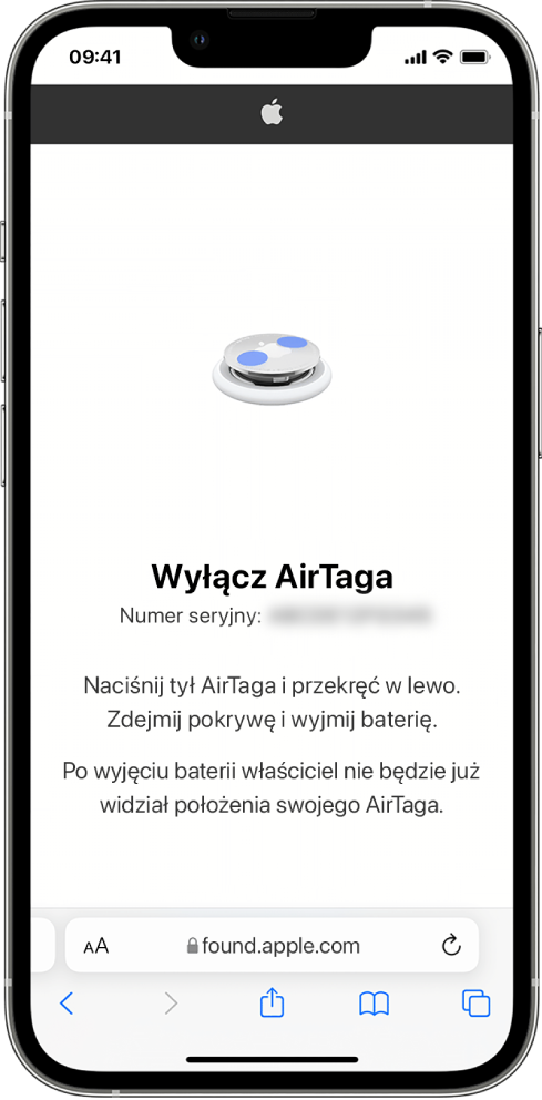 Ekran iPhone’a z wyświetlonymi informacjami o sposobie wyłączenia AirTaga.