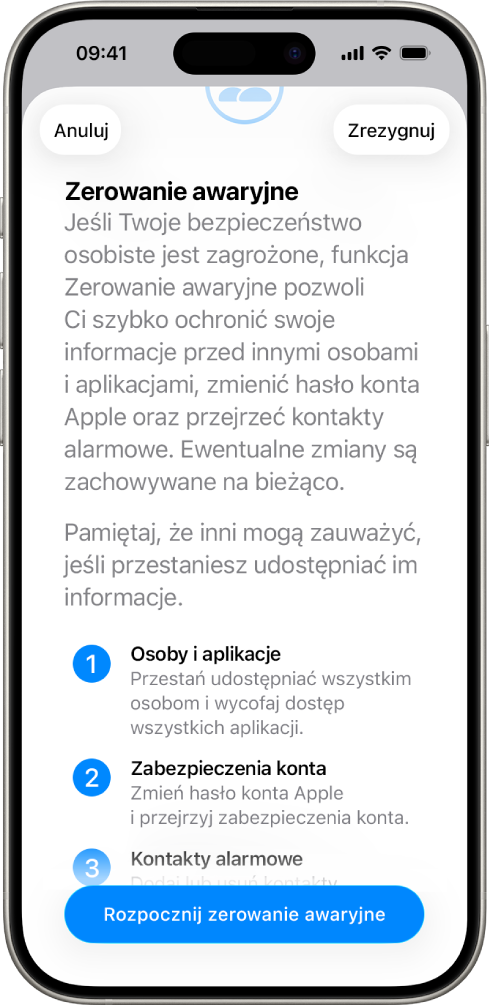 Ekran pokazujący przycisk Zerowanie awaryjne.