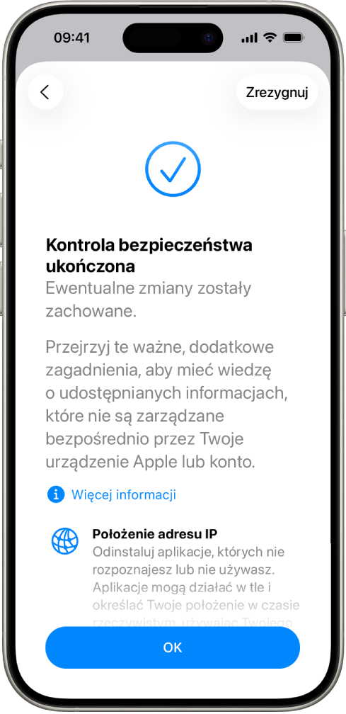 Ekran kontroli bezpieczeństwa pokazujący, że kontrola bezpieczeństwa została zakończona.