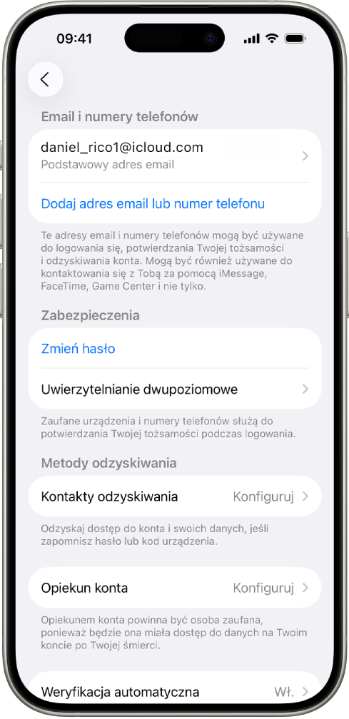 Ekran iPhone’a z wyłączonym uwierzytelnianiem dwupoziomowym.