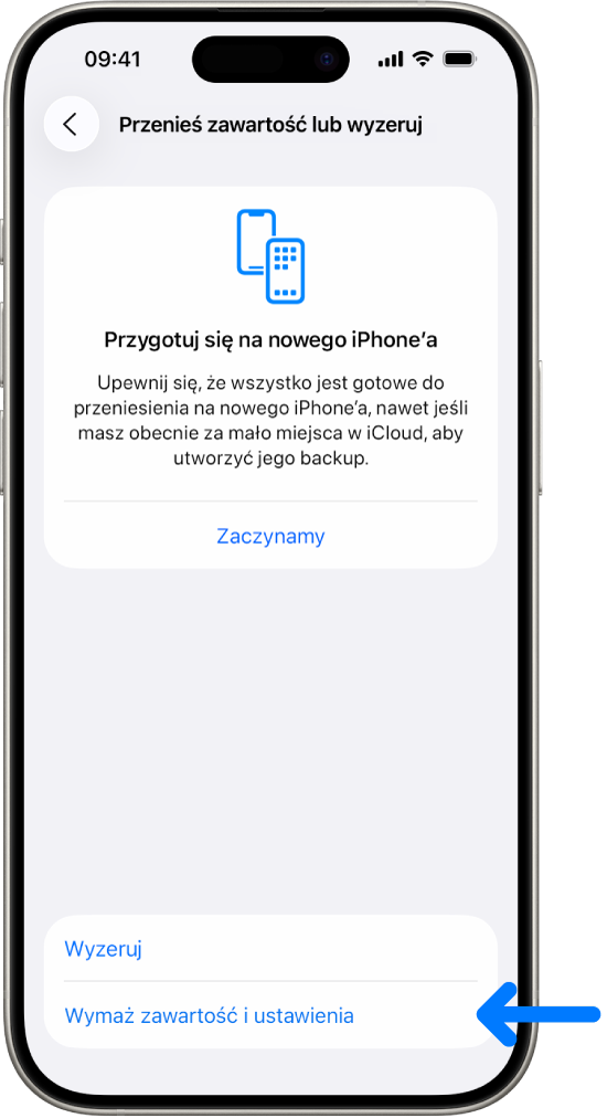 Ekran iPhone’a z wybraną opcją Wymaż zawartość i ustawienia.