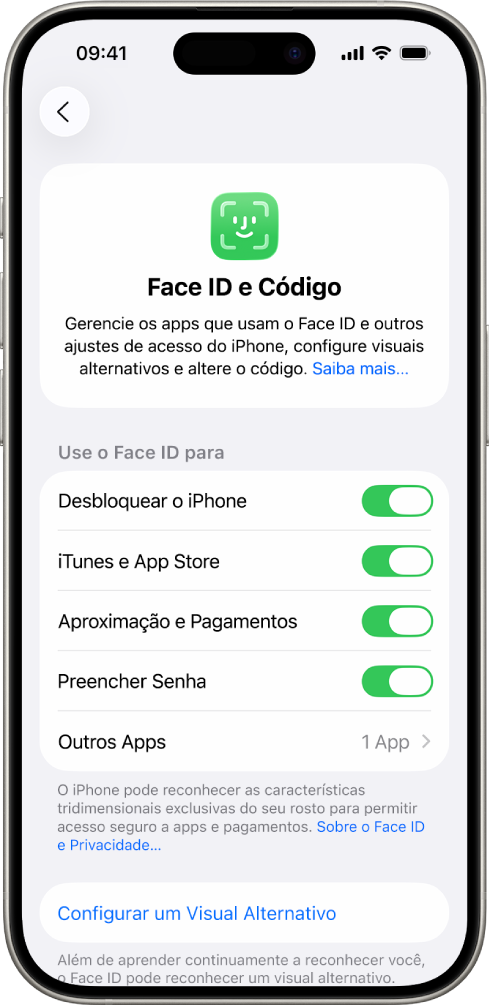 Tela do Face ID no iPhone mostrando para que o Face ID pode ser usado, como Desbloquear o iPhone, iTunes e App Store, Carteira e Apple Pay e Preenchimento Automático de Senhas.