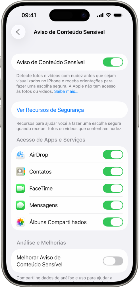 iPhone mostrando a tela de Aviso de Conteúdo Sensível.