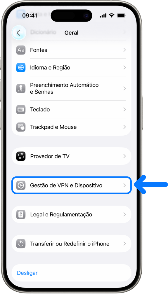 A tela de um iPhone mostrando a opção Gerenciamento de VPN e Dispositivo selecionada.