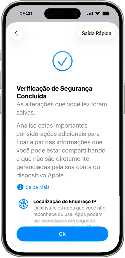 Tela da Verificação de Segurança mostrando que a Verificação de Segurança foi concluída.