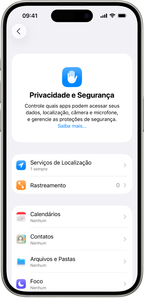iPhone mostrando a tela “Privacidade e Segurança” nos Ajustes.