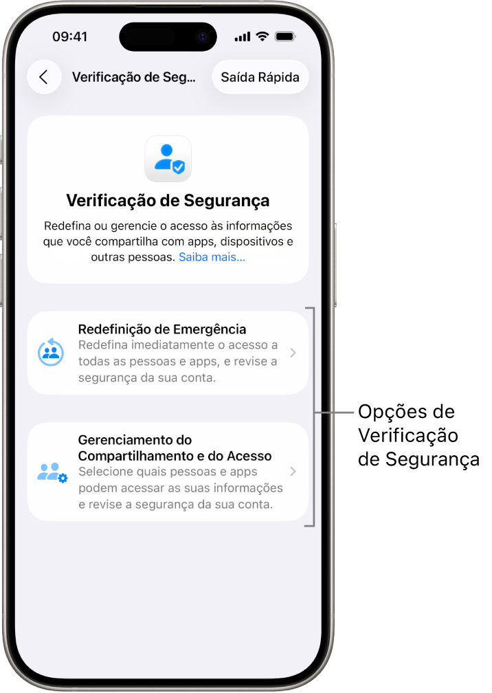 Tela mostrando as duas opções disponíveis com a Verificação de Segurança: “Redefinição de Emergência” e “Gerenciar Compartilhamento e Acesso”.