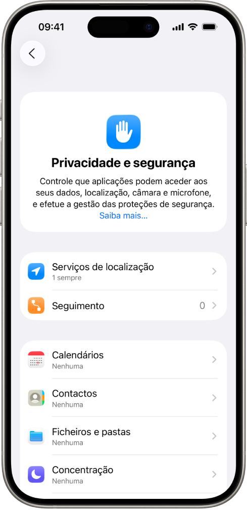 Um iPhone mostra o ecrã Privacidade e segurança nas Definições.