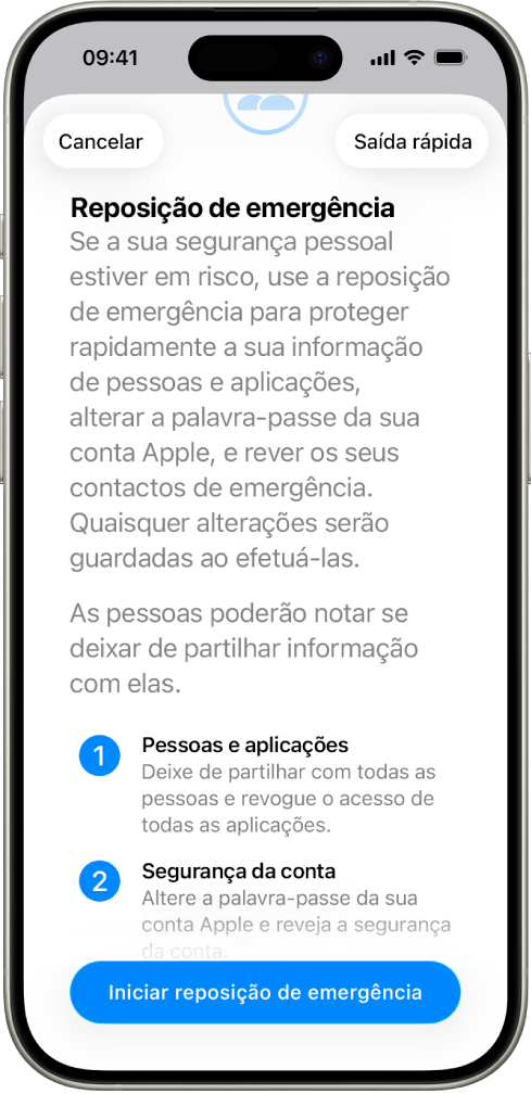Um ecrã mostra o botão para iniciar a Reposição de emergência.