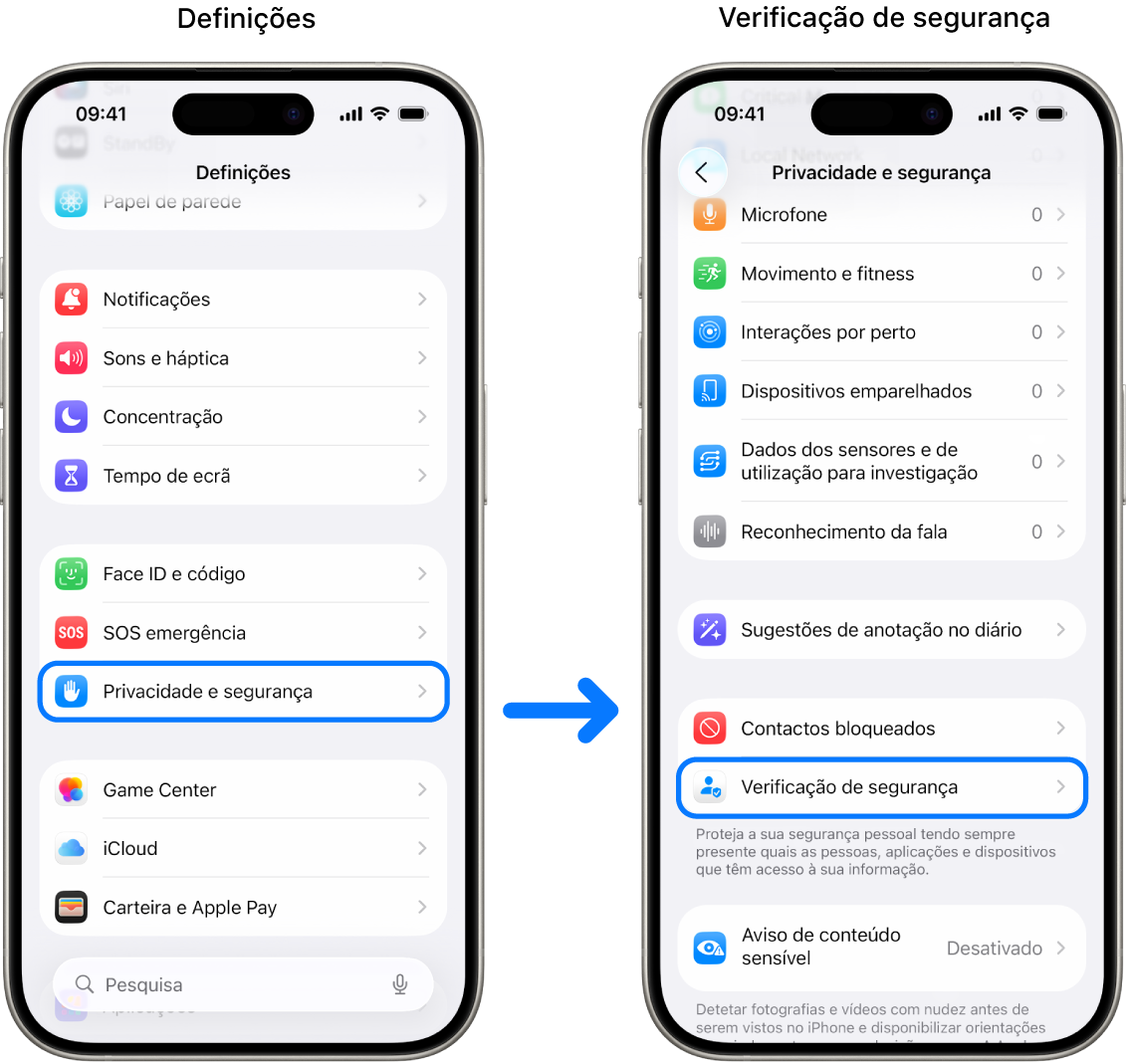 A forma de aceder à Verificação de segurança a partir da aplicação Definições.