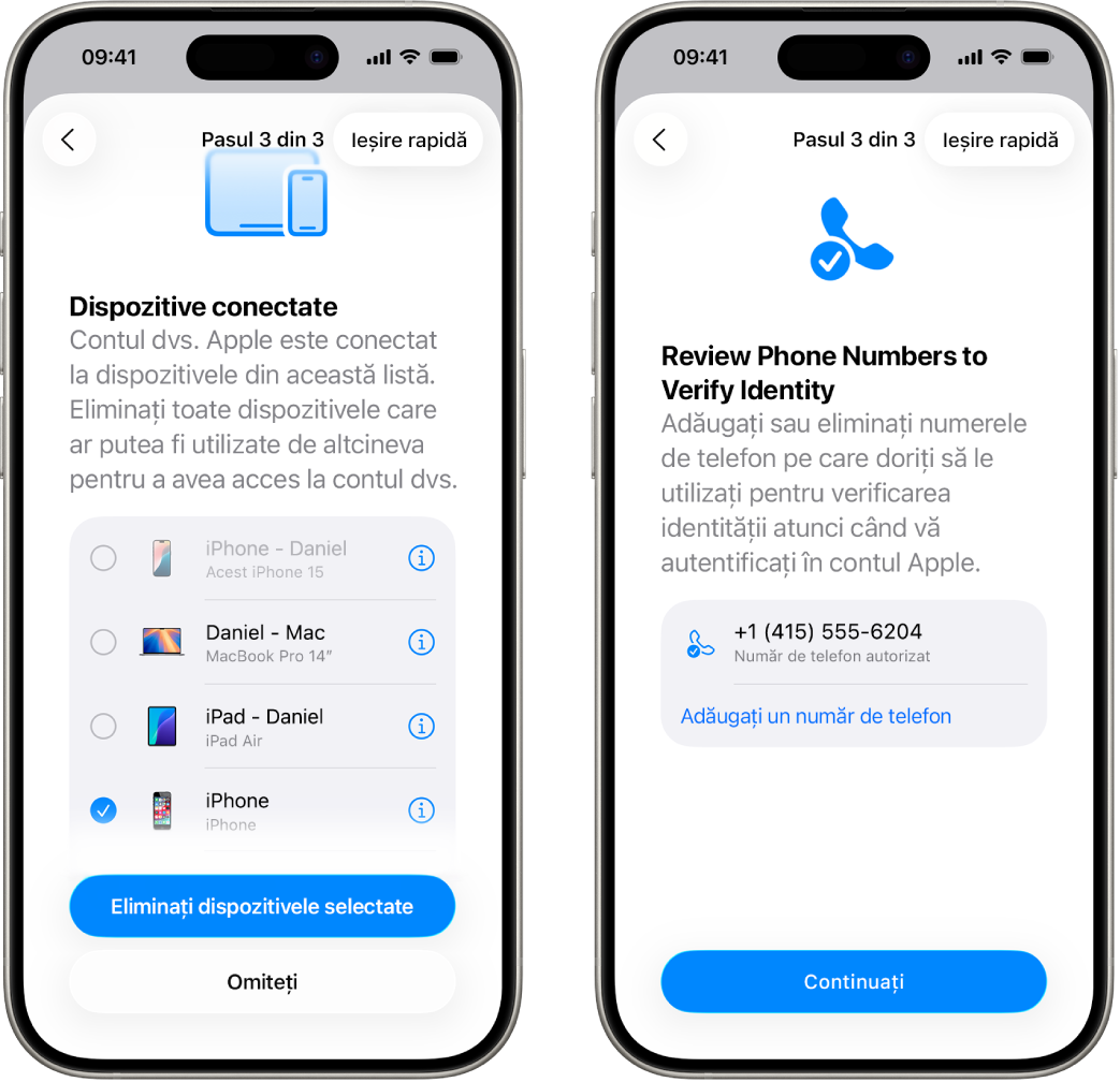Două ecrane de iPhone prezentând (1) un dispozitiv selectat pentru a fi eliminat dintre dispozitivele de încredere și (2) un ecran pentru editarea numerelor de telefon de încredere.