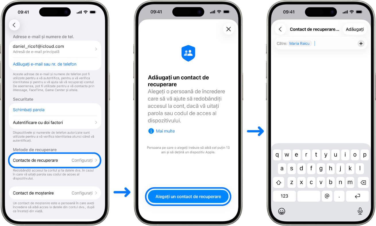 Trei ecrane de iPhone prezentând cum se adăugă contactele de recuperare a contului.