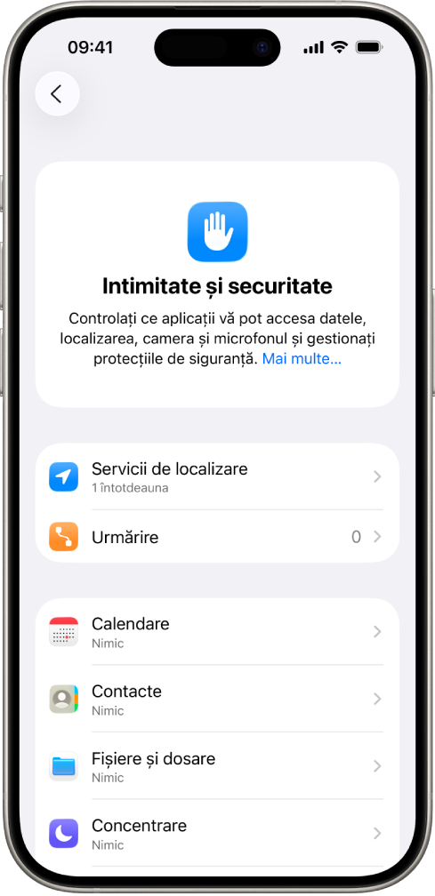 Un iPhone afișează ecranul Intimitate și securitate în Configurări.