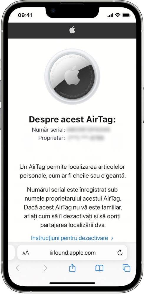 Ecranul unui iPhone afișând informații despre un AirTag.
