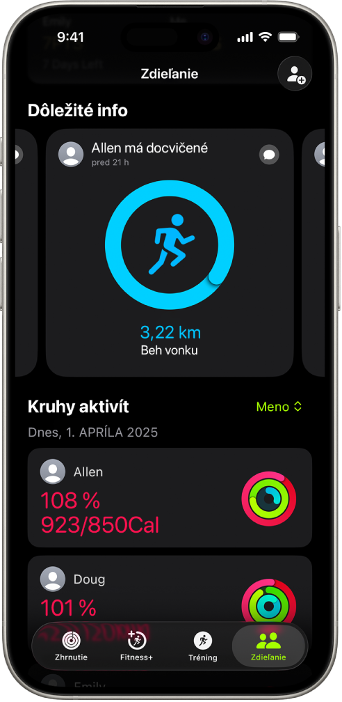Obrazovka iPhonu s informáciami o aktivite zdieľanými s ďalšími dvomi ľuďmi.