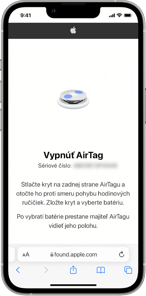 Na obrazovke iPhonu sa zobrazujú pokyny na vypnutie AirTagu.