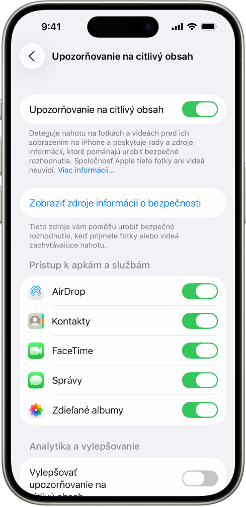 iPhone s obrazovkou Upozorňovanie na citlivý obsah.
