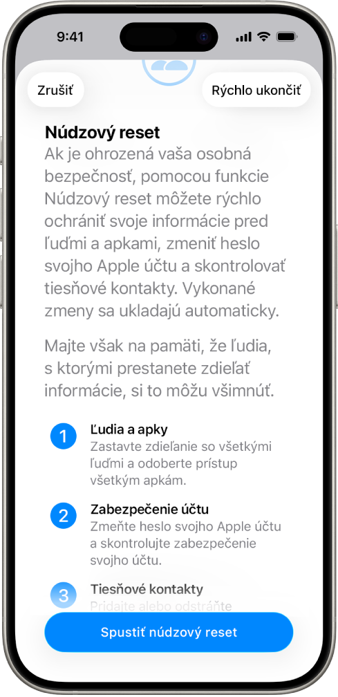 Obrazovka s tlačidlom na spustenie núdzového resetu.
