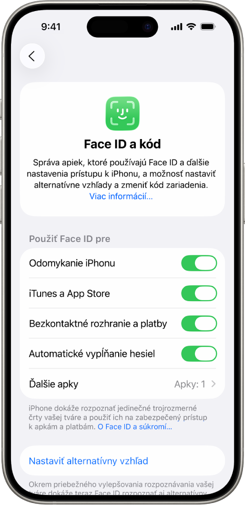 Obrazovka Face ID na iPhone s informáciami o tom, na čo sa dá Face ID použiť – napríklad na odomykanie iPhonu, na potvrdzovanie platieb v iTunes, App Store, Peňaženke a Apple Pay alebo na automatické vypĺňanie hesiel.