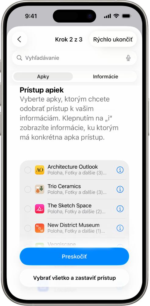 Obrazovka bezpečnostnej kontroly zobrazujúca informácie zdieľané s konkrétnymi apkami.