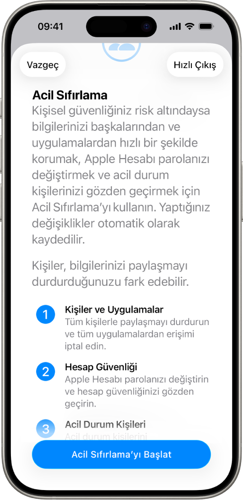 Acil Sıfırlama’yı başlatma düğmesini gösteren bir ekran.