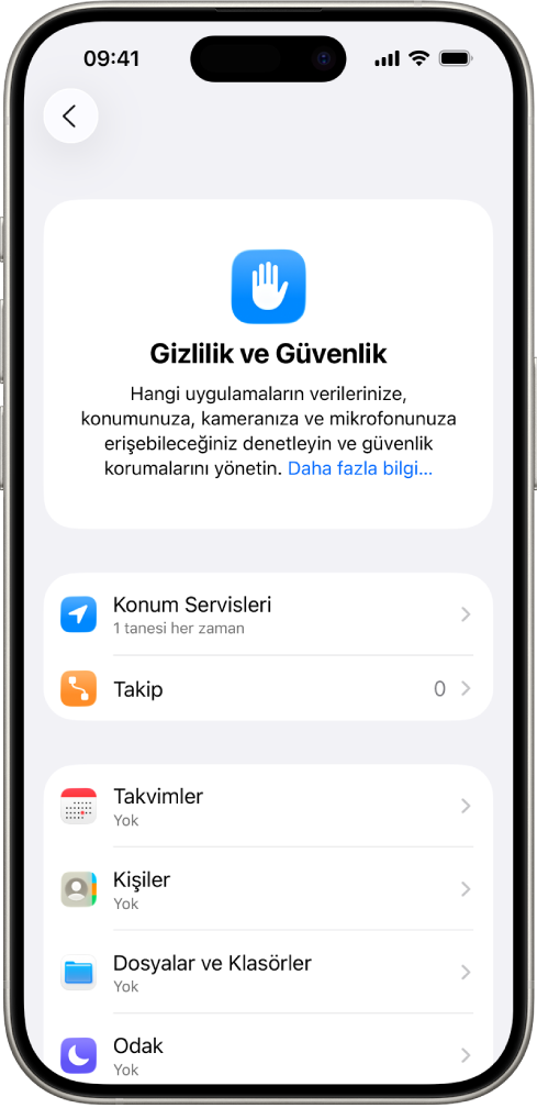 Ayarlar’da Gizlilik ve Güvenlik ekranını gösteren bir iPhone.