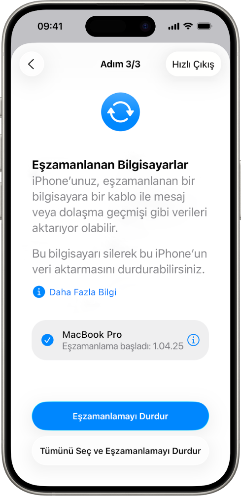 Eşzamanlanan Bilgisayarlar ekranını gösteren bir iPhone ekranı.