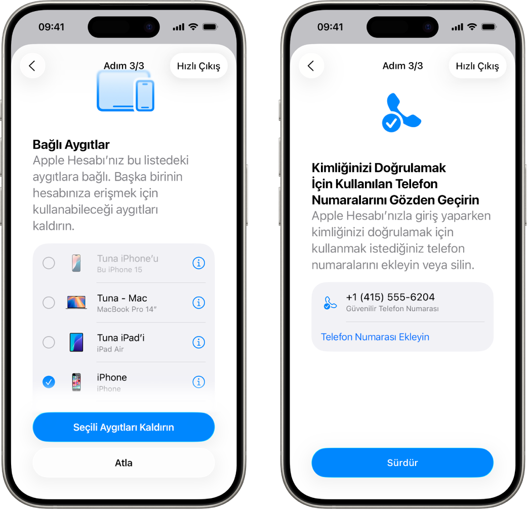 İki iPhone ekranı (1) seçili bir aygıtın güvenilir aygıtlardan silindiğini ve (2) güvenilir telefon numaralarının düzenlendiğini gösteriyor.