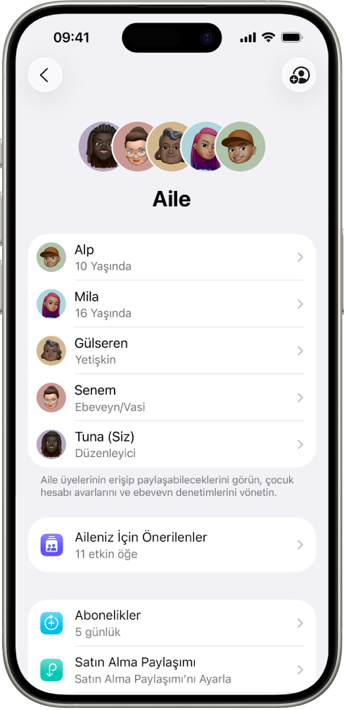 Ayarlar’daki Aile Paylaşımı ekranı. Beş aile üyesi listeleniyor ve dört abonelik aile ile paylaşılıyor.