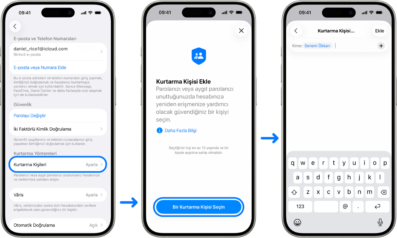 Hesap Kurtarma kişilerini eklemeyi gösteren üç iPhone ekranı.