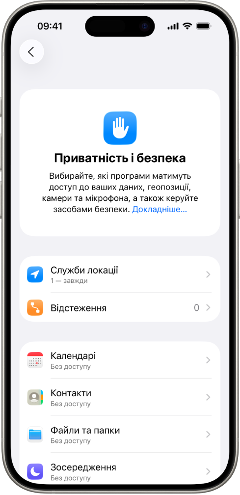 Екран «Приватність і Безпека» в параметрах iPhone.