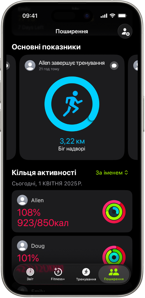 Екран iPhone, на якому показано дані про активність, які поширюються для двох інших людей.