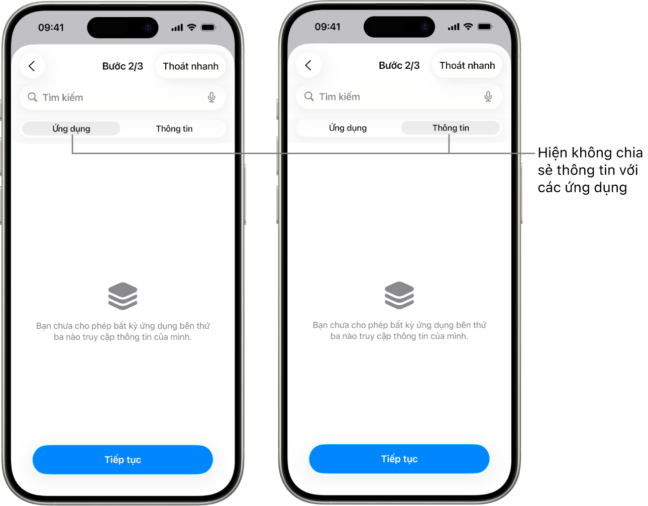 Một màn hình đang cho biết rằng người dùng đang không chia sẻ bất kỳ thông tin nào với ứng dụng khác bằng cách chọn tab Ứng dụng và Thông tin.