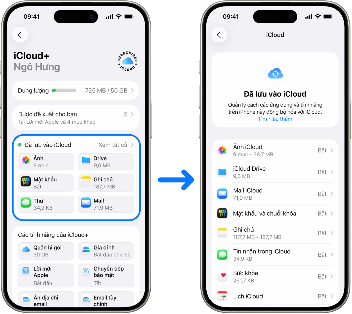 Một iPhone đang hiển thị một Tài khoản Apple được đăng nhập với nhiều dịch vụ iCloud được bật.
