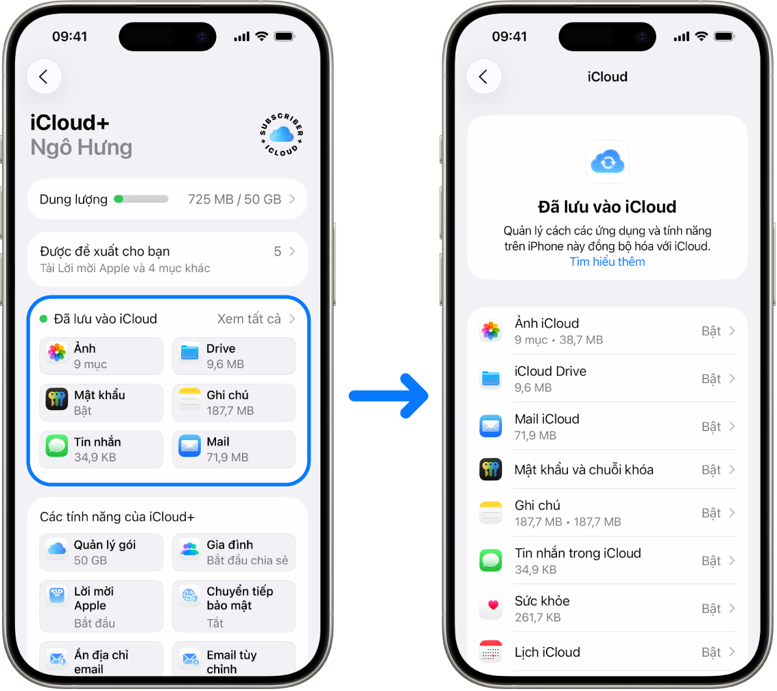 Một iPhone đang hiển thị một Tài khoản Apple được đăng nhập với nhiều dịch vụ iCloud được bật.