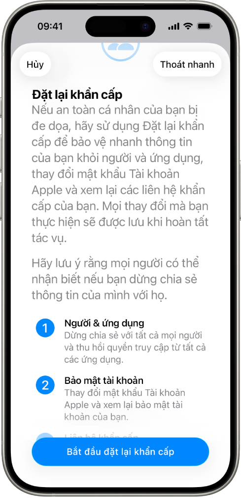 Một màn hình đang hiển thị nút để bắt đầu Đặt lại khẩn cấp.