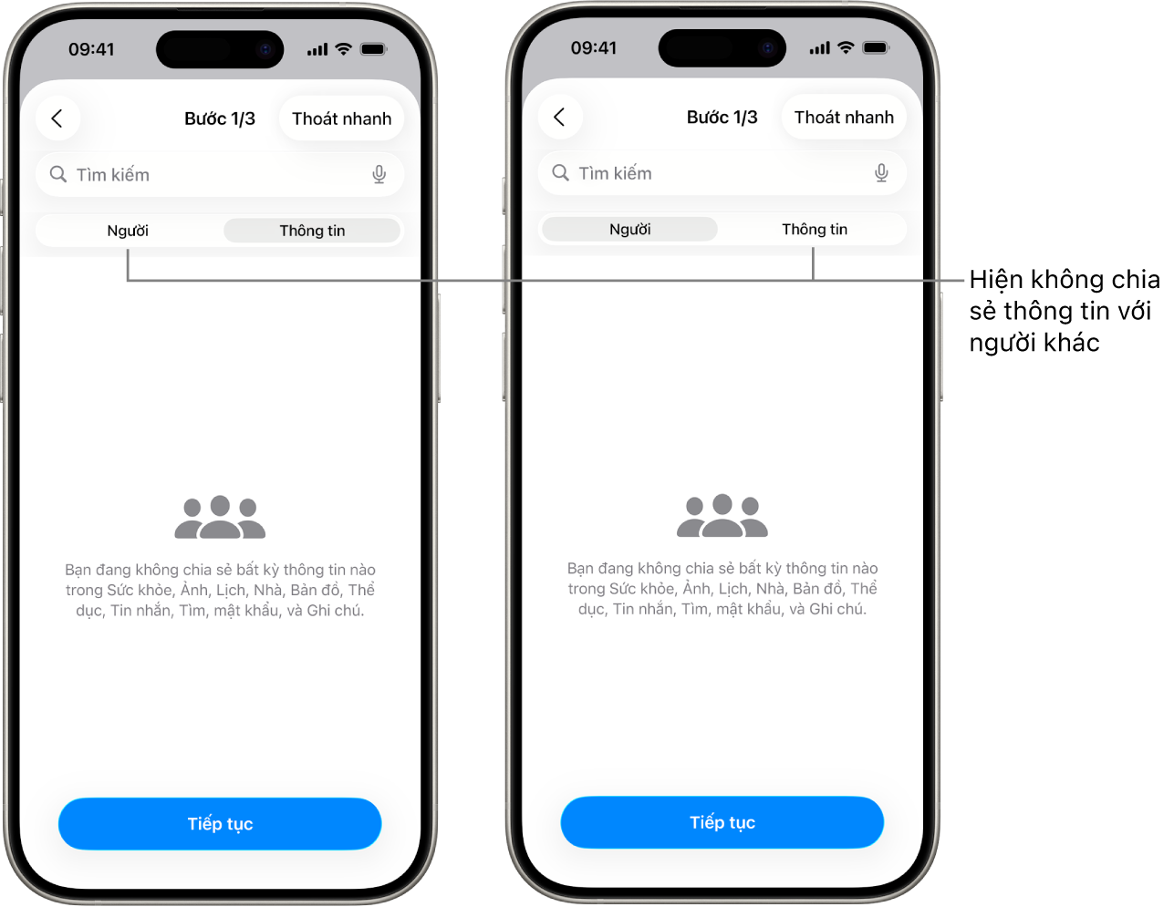 Một màn hình đang cho biết rằng người dùng đang không chia sẻ bất kỳ thông tin nào với người khác bằng cách chọn tab Người và Thông tin.