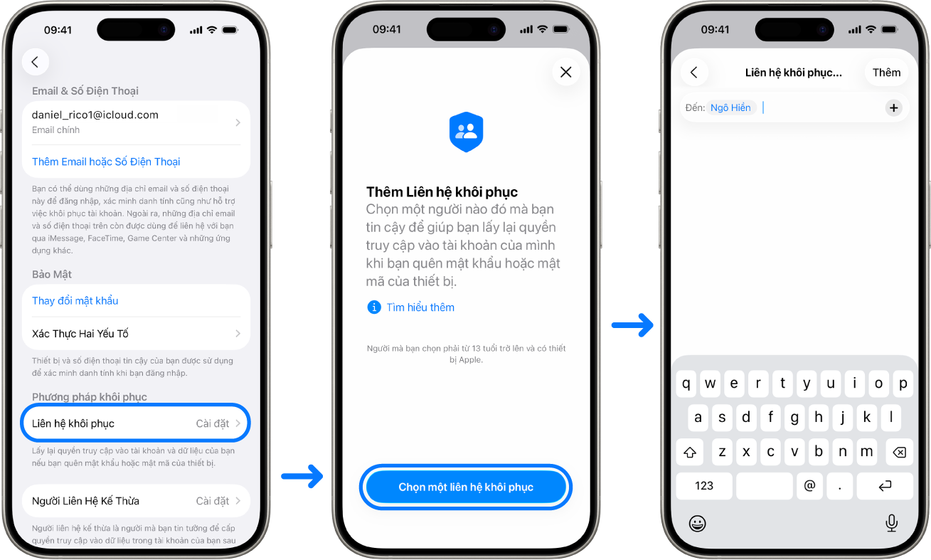Ba màn hình iPhone đang hiển thị cách thêm liên hệ Khôi phục tài khoản.