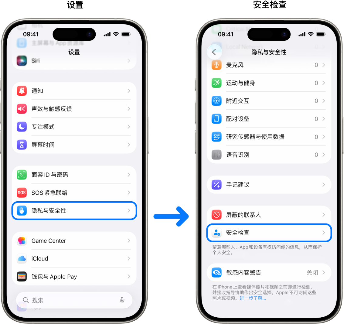 从“设置” App 访问“安全检查”的方式。