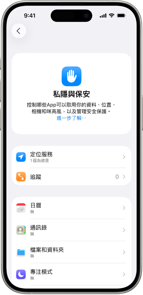 iPhone 顯示「設定」中的「私隱與保安」畫面。