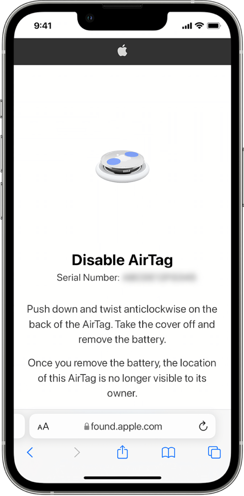 An iPhone screen showing how to disable an AirTag.