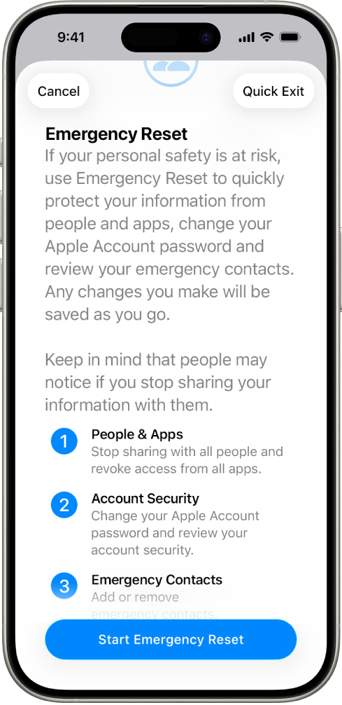 A screen showing the button to start Emergency Reset.