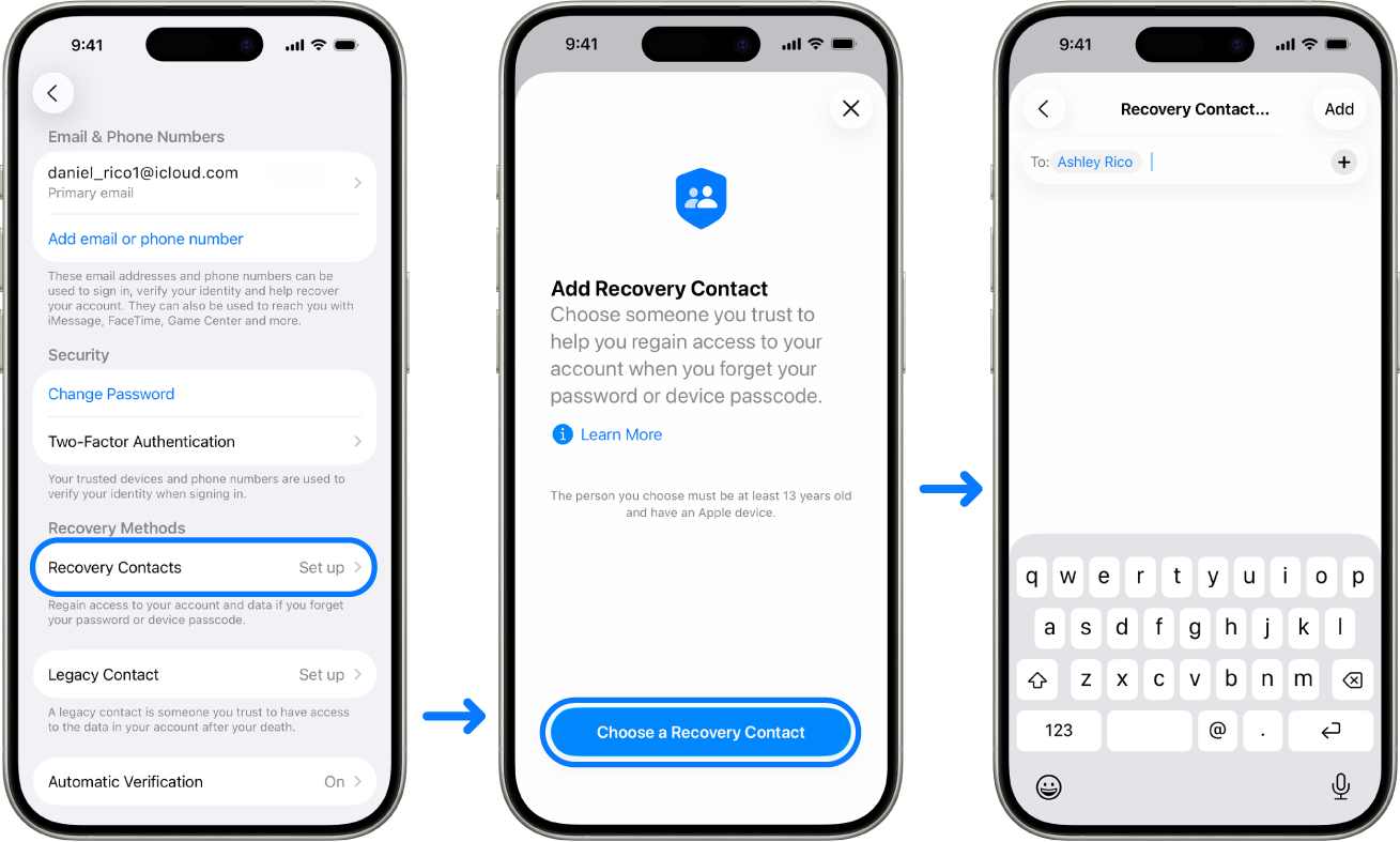 Three iPhone screens showing how to add Account Recovery contacts.