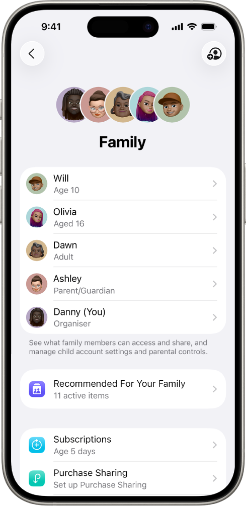 The Family Sharing screen in Settings. Five family members are listed and four subscriptions are shared with the family.