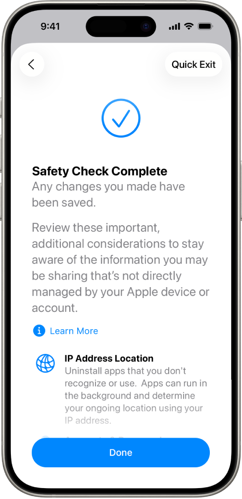 A Safety Check screen showing that the Safety Check is complete.