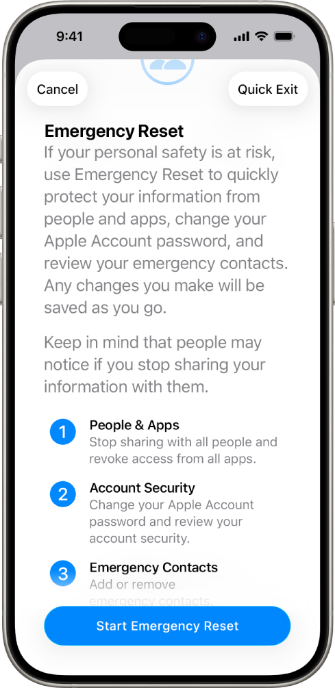 A screen showing the button to start Emergency Reset.